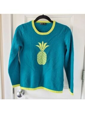 Hannah Rose Cashmere Pineapple Sweater Teal Blue M
